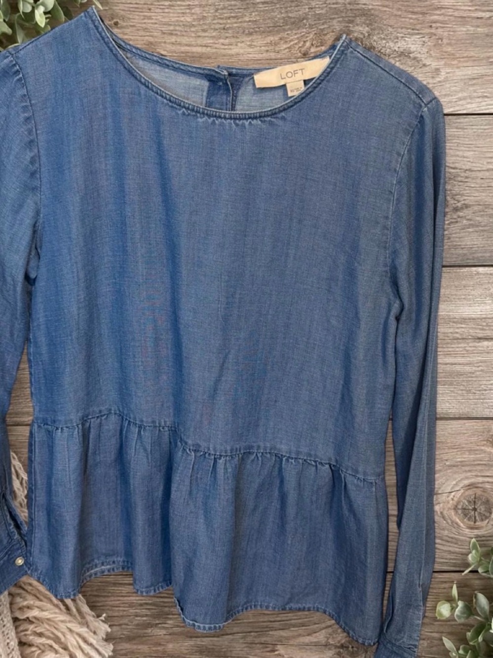 LOFT Blue Chambray Peplum Long-Sleeve Top